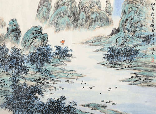 吴养木（1920～2009） 泛舟遶江图 镜片 设色纸本