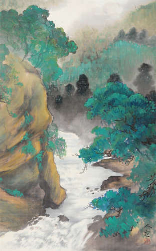 方人定（1901～1975） 青绿山水 镜片 设色绢本