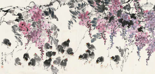 陈秋草（1906～1988） 1973年作 紫藤小鸡 镜片 设色纸本