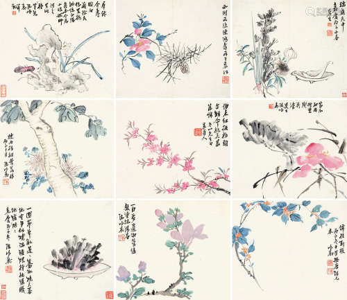 陈鸿寿（1768～1822） 1816年作 花卉册 册页 （二十开选九） 设色纸本