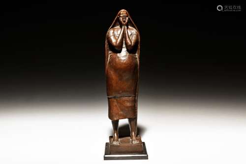 FRANCISCO ZUNIGA FIGURE OF A WOMAN WITH HANDS TO FACE BRONZE SCULPTURE