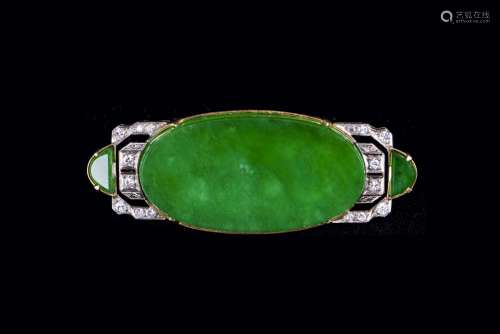 A JADEITE JADE DIAMOND BROOCH WITH GIA REPORT