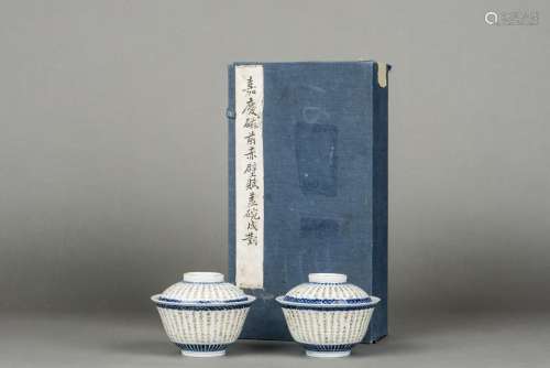 A PAIR Of BLUE AND WHITE AND FAMILLE ROSE BOWLS WITH COVER, JIAQING MARK, QING DYNASTY