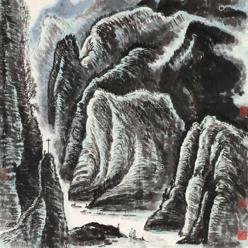 李行简 辛巳（2001）作 三峡风光 镜片 设色纸本