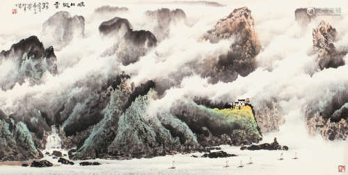 庞泰嵩 丙子（1996）作 峡口纵云 镜片 设色纸本