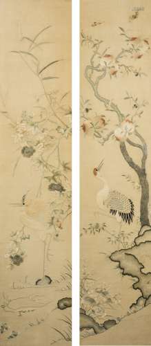 A PAIR OF 'CRANE AND FLOWER' EMBROIDERY WITH FRAME, QING DYNASTY