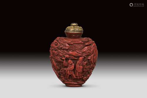 A WELL CARVED CINNABAR LACQUER SNUFF BOTTLE, QING DYNASTY