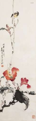 A CHINESE SCROLL PAINTING OF FLORAL MOTIF