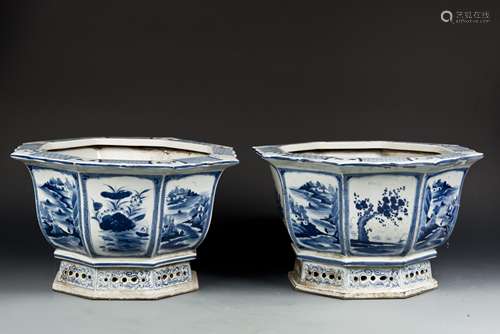 PAIR OF OCTAGON BLUE-AND-WHITE PORCELAIN FLOWERPOTS