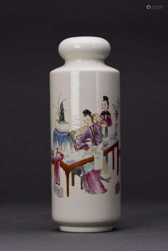 FAMILLE ROSE PORCELAIN BARREL FORM VASE