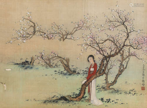 陈少梅（1909～1954） 己巳1929年作 红衣仕女图 镜框 设色绢本
