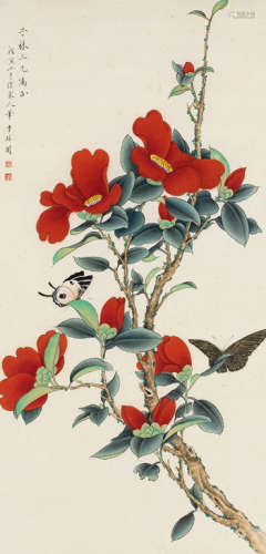 于非闇（1889～1959） 戊寅（1938年）作 茶花蝴蝶 镜框 设色纸本