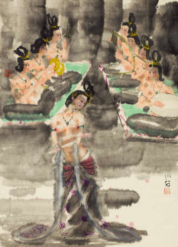傅小石（b.1932） 人物 立轴 设色纸本