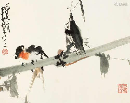 赵少昂（1905～1998） 丁卯（1987年）作 竹雀图 镜心 设色纸本