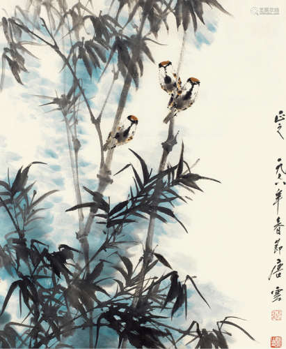 唐云（1910～1993） 1978年作 竹雀图 镜框 设色纸本