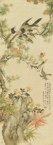 胡铁梅（1848～1899） 丙戌（1886年）作 九秋图 立轴 设色绢本