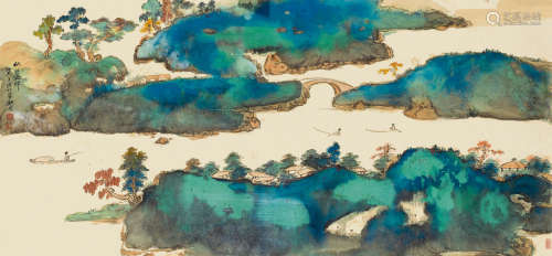匡时（1924～2015） 秋江泛棹图 镜框 设色纸本