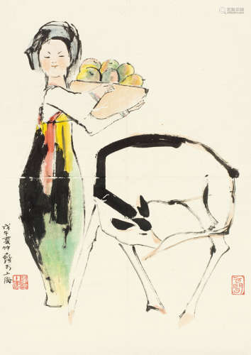 程十发（1921～2007） 戊午（1978年）作 少女与鹿 镜心 设色纸本
