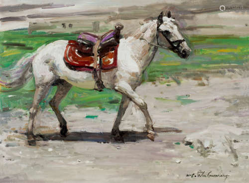 文国璋 2008年作 “塔吉克人的叼羊系列”素材—白马 布面油画