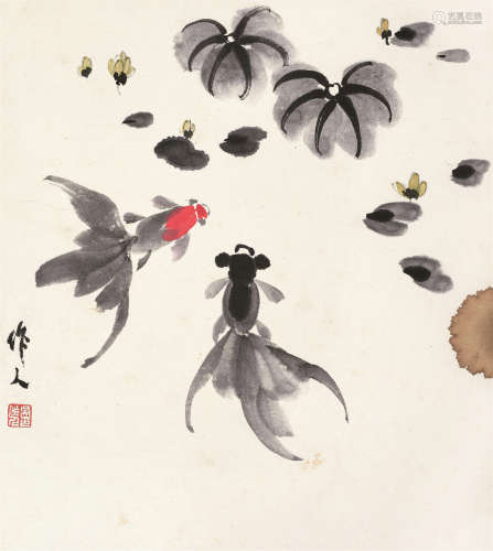 吴作人（1908～1997） 鱼乐图 卡纸 纸本设色