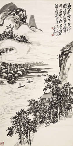 吴昌硕（1844～1927） 1915年作 亭台观江图 立轴 水墨纸本