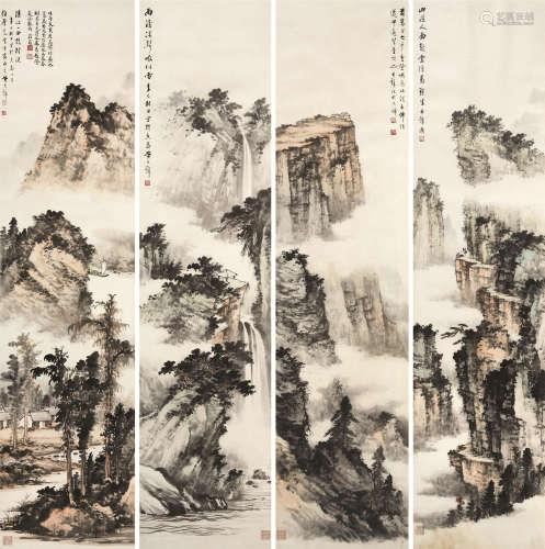 黄君璧（1898～1991） 山水 四屏镜心 设色纸本