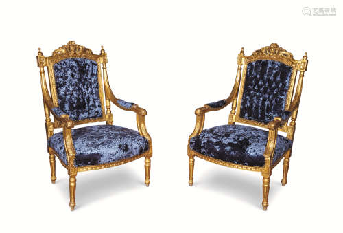 约1880年作 法国 路易十六风格 木质描金沙龙椅 （一对）