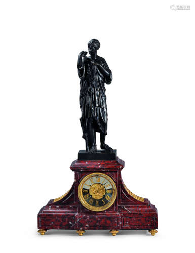 约1860年作 法国 新古典主义风格 铜鎏金红色大理石青铜雕塑座钟 Japy Freres机芯