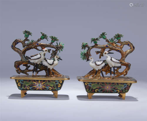 PAIR OF CHINESE CLOISONNE MINIASCAPES OF PINE TREE AND CRANE