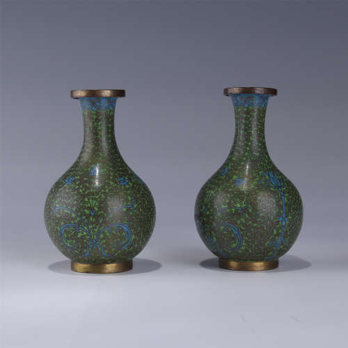 PAIR OF CHINESE CLOISONNE GREEN  VASES