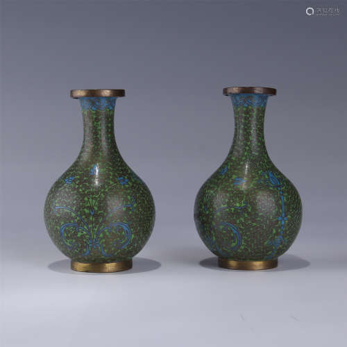 PAIR OF CHINESE CLOISONNE GREEN  VASES