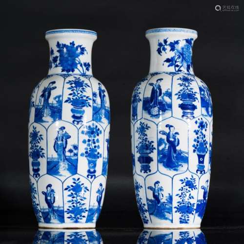 Chinese Art A pair of blue and white porcelain baluster vases painted with characters China, Qing dyansty, Kangxi period, 1661-1722