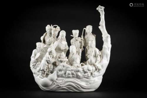 Chinese Art A blanc de Chine porcelain group depicting Immortals on a floating boat China, Qing dynasty, 19th century