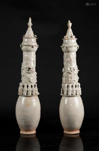 Chinese Art A pair of funerary glazed pottery spirit jars and covers China, Song dynasty