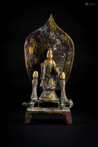 Chinese Art A bronze altar depicting Buddha and two attendants in the Wei style China, 20th century