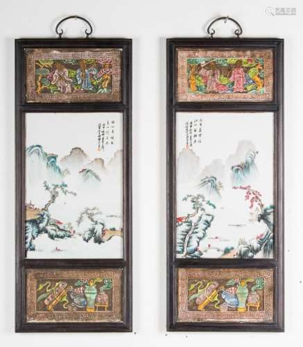 Chinese Art A pair of porcelain plaques painted with landscapes and monted on a wooden frame. China, Qing dinasty, 19th century
