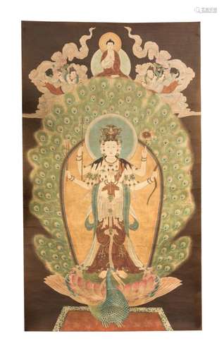 Chinese Art Thangka depicting Amogapasha Lokeshvara standing on a peacock China, 19th century