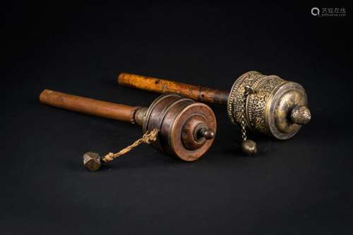 Himalayan Art Two copper, silver and wood prayer wheels Tibet, 19th-20th century