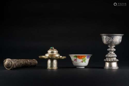 Himalayan Art Lot composed of a cup, a document holder and a silver devotional cup Tibet, late 19th-early 20th century