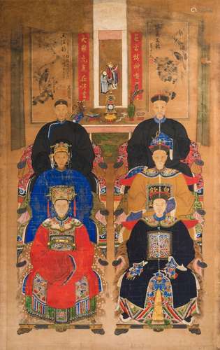 Chinese Art A large painting depicting officiers and wifes Ink and colors on paper China, 19th century