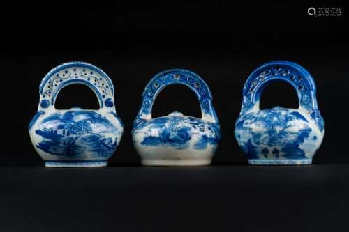 Chinese Art Three blue and white porcelain containers painted with landscape China, Qing dynasty, 18th century