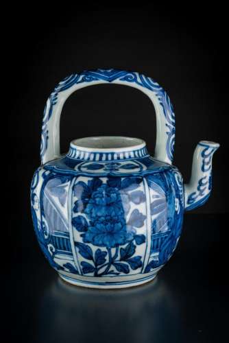Chinese Art A blue and white teapot painted with characters and flowers China, 20th century