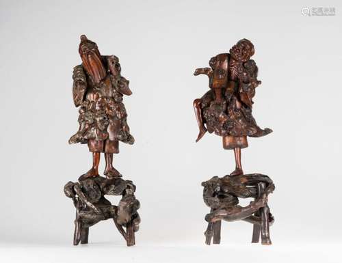 Chinese Art A pair of root wood sculptures depicting fishermen China, Qing dynasty, 19th century