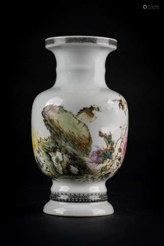 Chinese Art A porcelain vase painted with flowers, birds and bearing a long inscription with seal. Jingdezhen red six character mark at the base China, 20th century