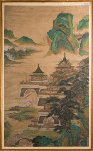 Chinese Art A boundary or architectural painting depicting a landscape China, Qing dynasty, 18th century