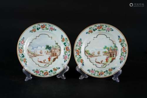 Chinese Art A pair of export porcelain dishes painted with flowers and European characters within a lobed reserve China, 18th century