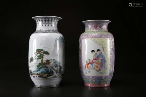 Chinese Art Two polychrome porcelain vases decorated with ladies and a child and with a lake landscape and a long inscription with seal and mark at the back. China, Republic Period