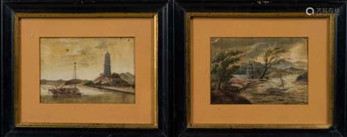 Chinese Art A pair of oil on canvas paintings depicting Chinese landscapes China, Qing dynasty, 19th century