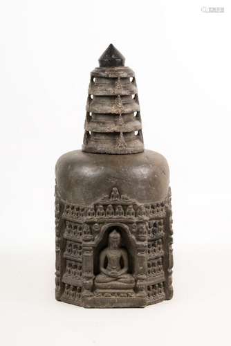 Himalayan Art A dark stone stupa sculpted with Buddha Shakyamuni, Vairocana and Amitabha North-Eastern India, Pala dynasty, 8th-12th century