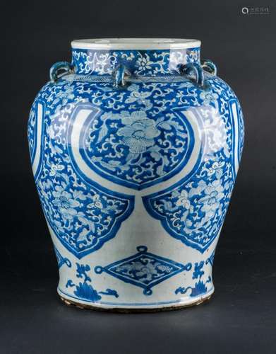 Chinese Art A large blue and white porcelain jar painted with medallions containing flowers China, Transitional period, 17th century